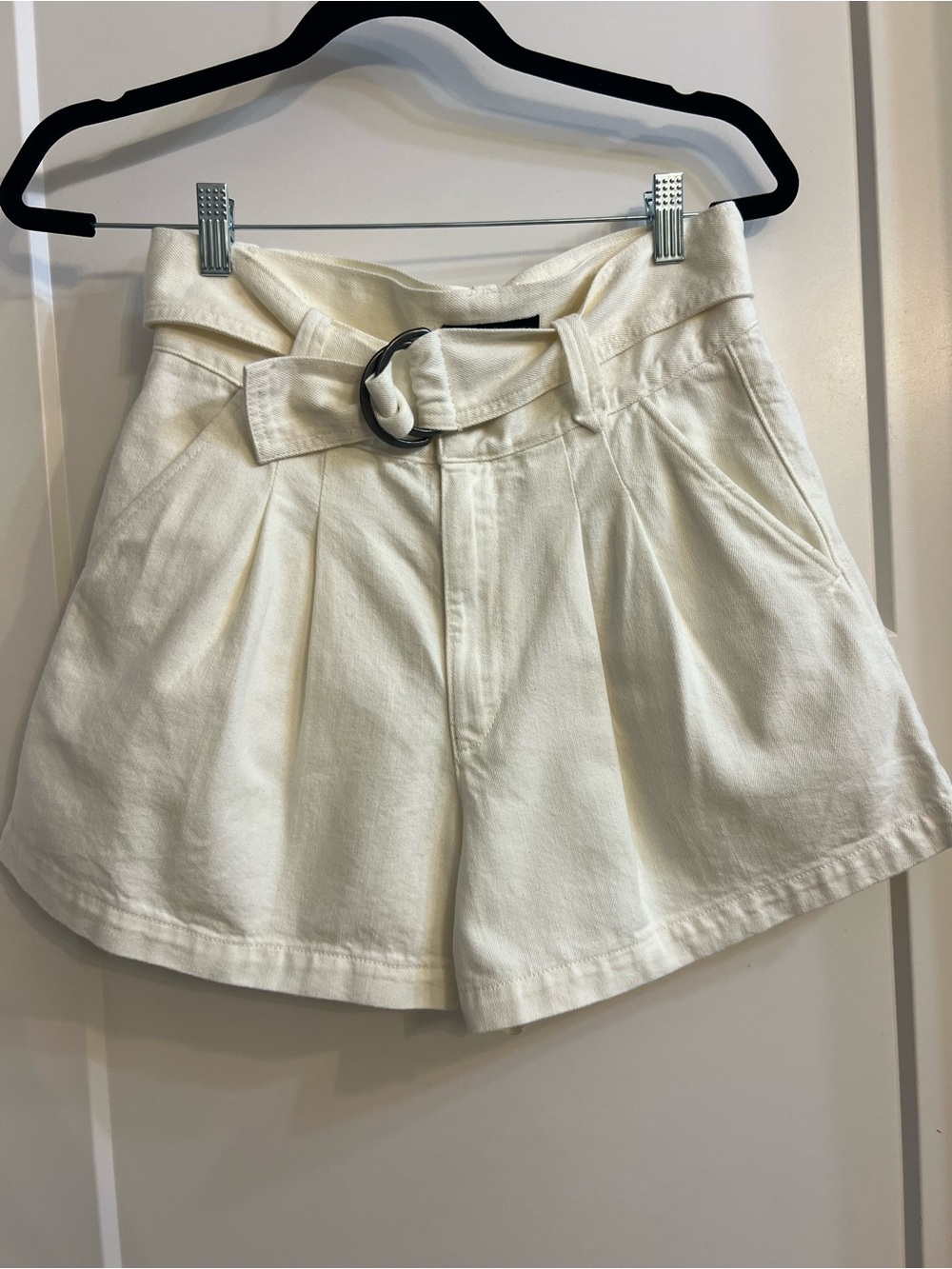 Able Cream High-Waist Belted Paperbag Shorts.